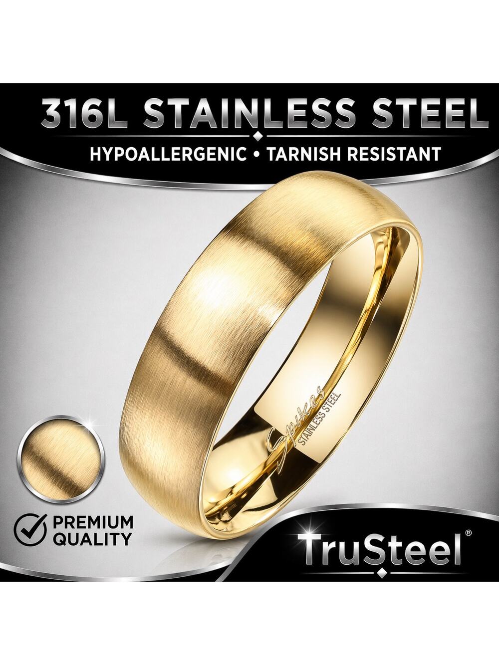 Classic Dome Gold‎ PVD Stainless Steel Band Ring 6mm width Size 12